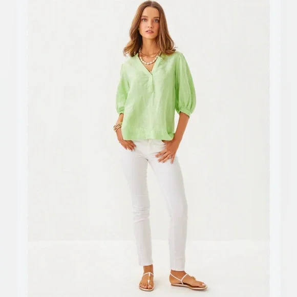 Lilly Pulitzer Light Green Mialeigh Linen Top - Jade Lime X - Picture 2 of 10
